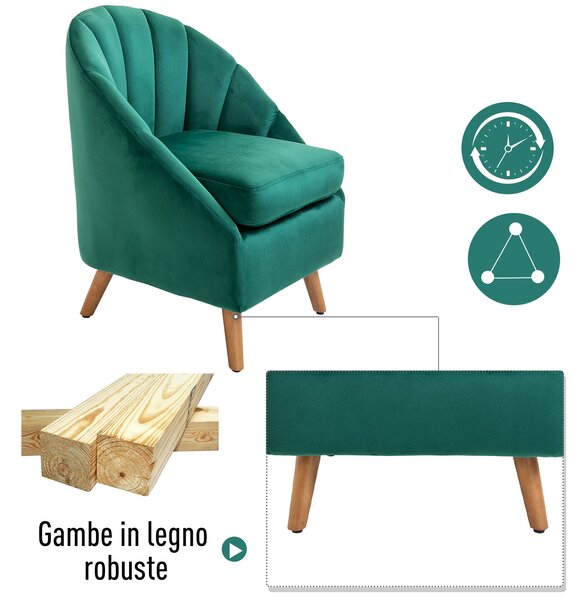 HOMCOM Poltrona Elegante per Relax con Imbottitura Generosa, Base in Legno Resistente, 67x65x77 cm, per Salotto e Camera, Verde | Aosom Italy