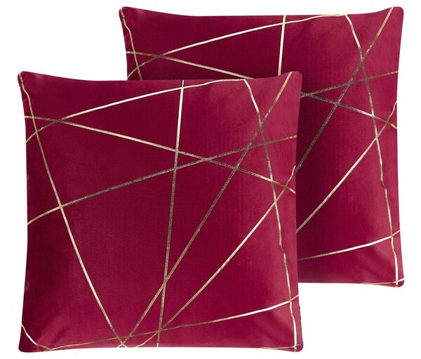Set di 2 Cuscini decorativi con motivo geometrico Dorato 45 x 45 cm velluto Rosso Beliani