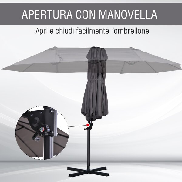 Outsunny Ombrellone Doppio da Giardino in Metallo e Poliestere Anti-UV Impermeabile con Manovella, 440x270x250cm, Grigio|Aosom