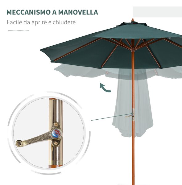 Outsunny Ombrellone da giardino in legno di pioppo, copertura di poliestere Verde, Stabile, Anti-UV, Ø270 x 250cm
