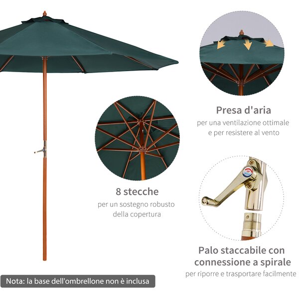 Outsunny Ombrellone da giardino in legno di pioppo, copertura di poliestere Verde, Stabile, Anti-UV, Ø270 x 250cm