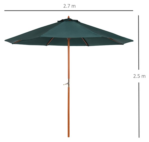 Outsunny Ombrellone da giardino in legno di pioppo, copertura di poliestere Verde, Stabile, Anti-UV, Ø270 x 250cm