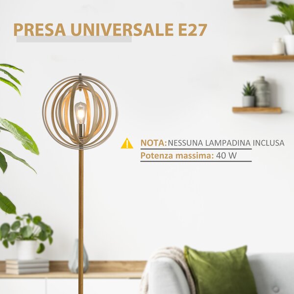 HOMCOM Lampada da Terra per Soggiorno Design, Paralume con Anelli Regolabili in Legno, Lampadine E27, Ф38 x 160 cm