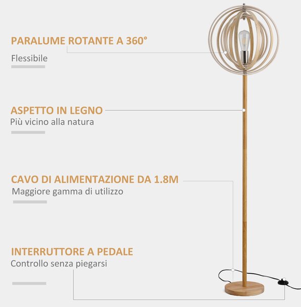 HOMCOM Lampada da Terra per Soggiorno Design, Paralume con Anelli Regolabili in Legno, Lampadine E27, Ф38 x 160 cm