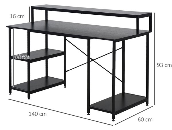 HOMCOM Scrivania per computer con scaffale tappettini regolabili Tavolo pc moderno per casa ufficio nero 140 x 60 x 93cm|Aosom