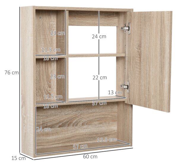 Kleankin Armadietto a specchio per bagno con scaffale regolabile, montaggio a muro, color rovere, 60 x 15 x 76cm|Aosom