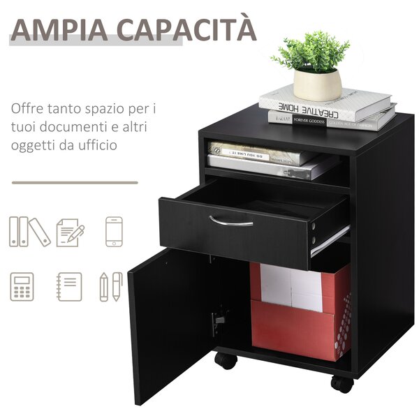 HOMCOM Cassettiera Portadocumenti da ufficio con 2 cassetti 4 ruote, in legno, nero, 40 x 35 x 60cm|Aosom