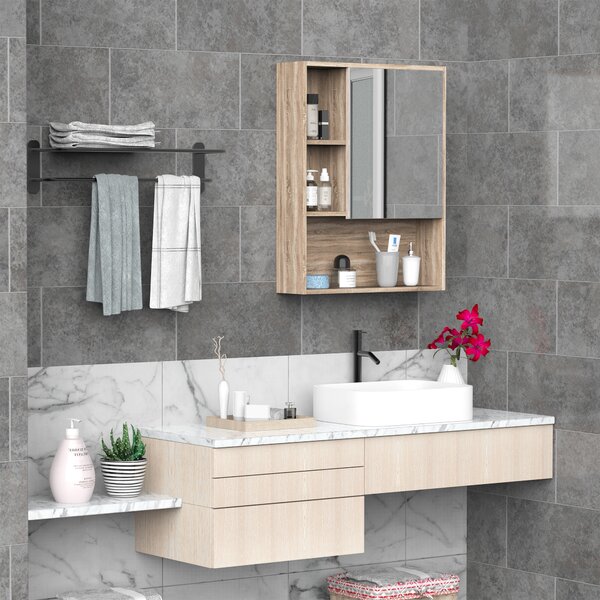 Kleankin Armadietto a specchio per bagno con scaffale regolabile, montaggio a muro, color rovere, 60 x 15 x 76cm|Aosom
