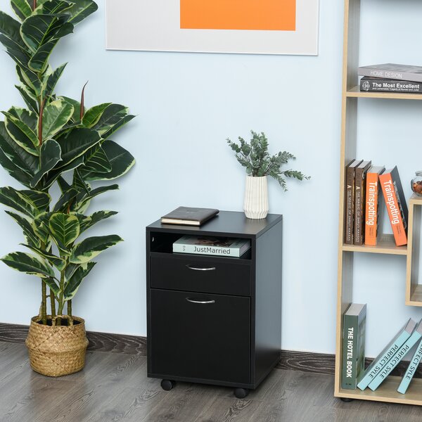 HOMCOM Cassettiera Portadocumenti da ufficio con 2 cassetti 4 ruote, in legno, nero, 40 x 35 x 60cm|Aosom
