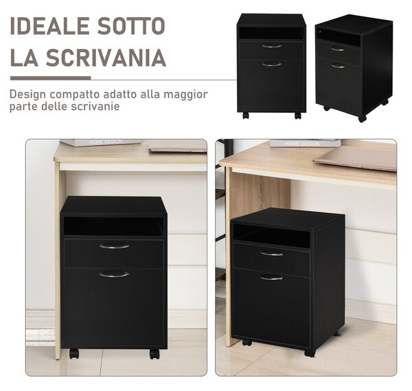 HOMCOM Cassettiera Portadocumenti da ufficio con 2 cassetti 4 ruote, in legno, nero, 40 x 35 x 60cm|Aosom