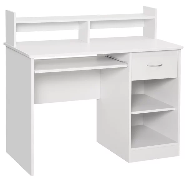 HOMCOM Scrivania per Computer in Legno con Vassoio per Tastiera, Scrivania con Cassetti e Ripiani Regolabili, Cassetto, Bianco, 104x48x95.5cm|Aosom