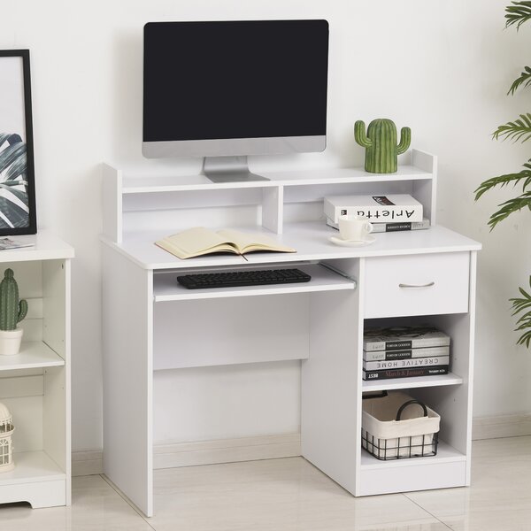 HOMCOM Scrivania per Computer in Legno con Vassoio per Tastiera, Scrivania con Cassetti e Ripiani Regolabili, Cassetto, Bianco, 104x48x95.5cm|Aosom