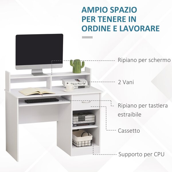 HOMCOM Scrivania per Computer in Legno con Vassoio per Tastiera, Scrivania con Cassetti e Ripiani Regolabili, Cassetto, Bianco, 104x48x95.5cm|Aosom