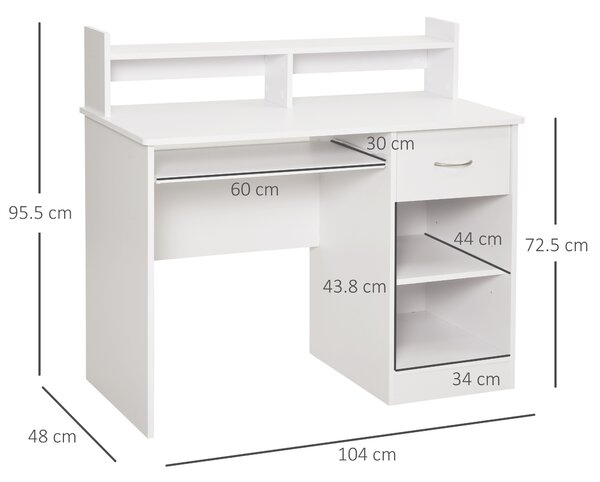 HOMCOM Scrivania per Computer in Legno con Vassoio per Tastiera, Scrivania con Cassetti e Ripiani Regolabili, Cassetto, Bianco, 104x48x95.5cm|Aosom