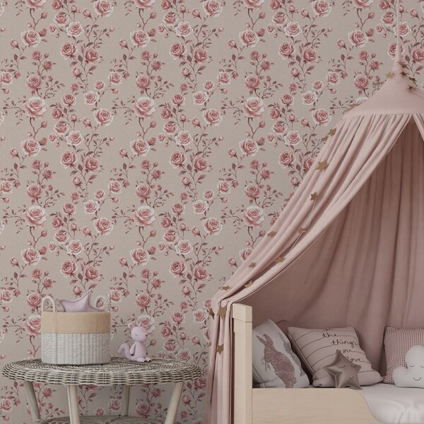 Carta da parati Rose cipria su sfondo beige — motivo vintage, Parati fiori e piante classici, a00497 : Uwalls.it