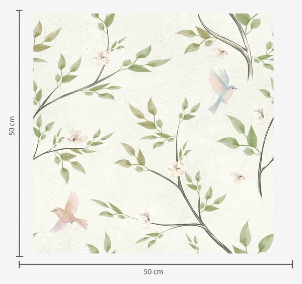 Carta da parati Rami acquerellati con foglie e uccelli su sfondo chiaro, Parati fiori e piante classici, a00496 : Uwalls.it