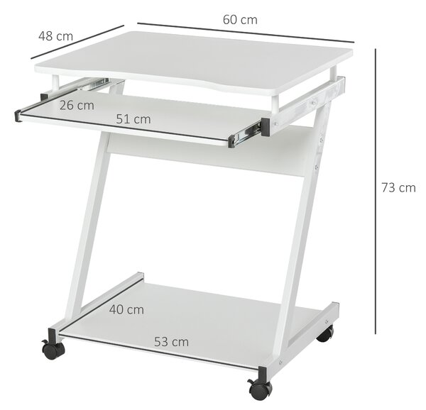 HOMCOM Tavolo Porta PC Classico e Salvaspazio, Piano Tastiera a Scomparsa, 4 Ruote e Ripiano Inferiore Bianco 60x48x73cm|Aosom