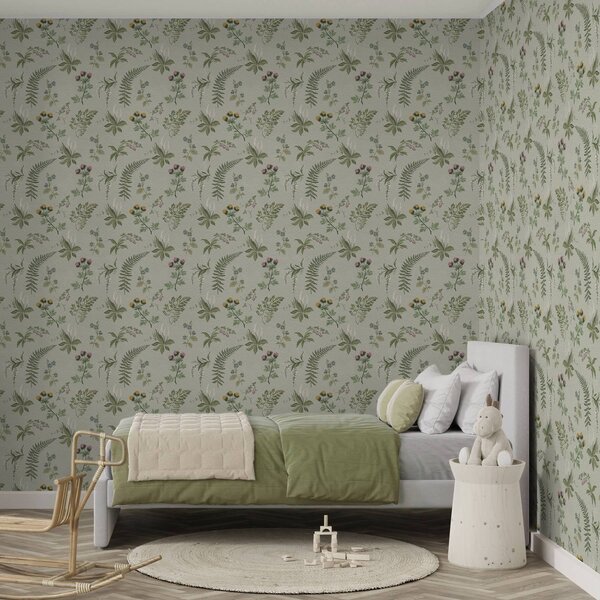 Carta da parati Erbe botaniche e felci su sfondo grigio-verde chiaro, Parati fiori e piante classici, a00498 : Uwalls.it