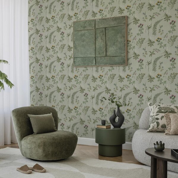 Carta da parati Erbe botaniche e felci su sfondo grigio-verde chiaro, Parati fiori e piante classici, a00498 : Uwalls.it