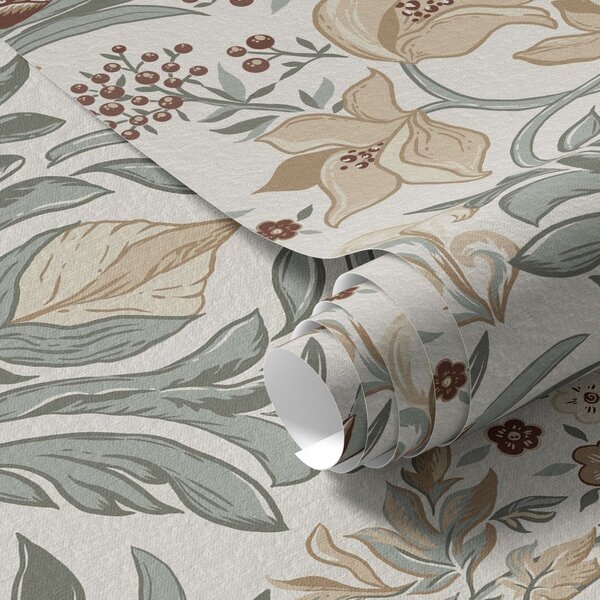 Carta da parati Gigli decorativi e una farfalla su sfondo color crema, Parati fiori e piante classici, a00500 : Uwalls.it