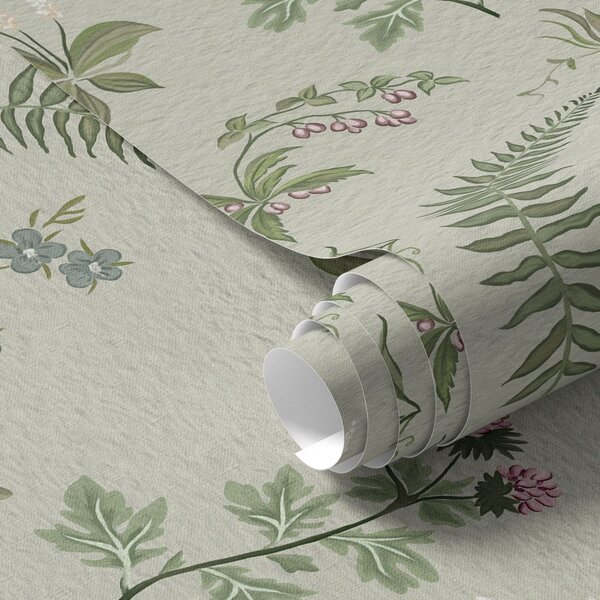 Carta da parati Erbe botaniche e felci su sfondo grigio-verde chiaro, Parati fiori e piante classici, a00498 : Uwalls.it