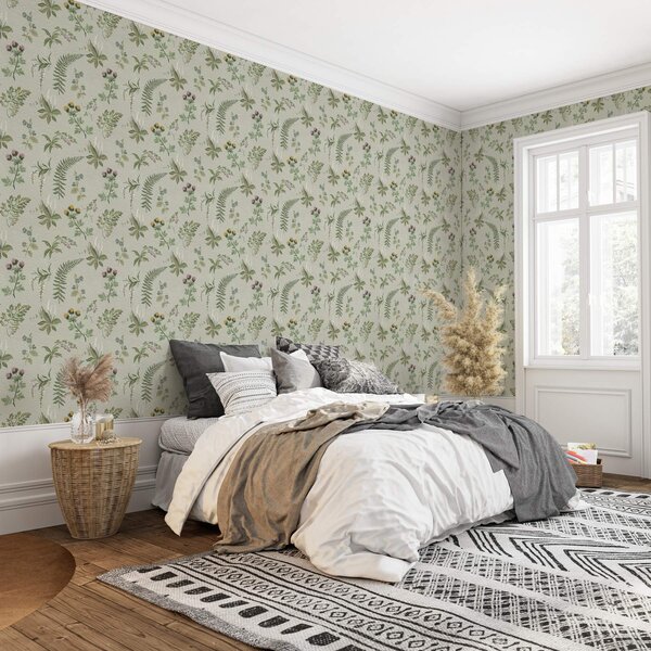 Carta da parati Erbe botaniche e felci su sfondo grigio-verde chiaro, Parati fiori e piante classici, a00498 : Uwalls.it