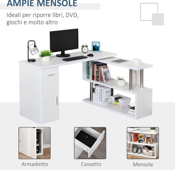 HOMCOM Scrivania Angolare Moderna in Legno con Cassetto, Scrivania ad Angolo con Armadietto e Mensole, Scrivania PC per Ufficio e Casa, Bianco