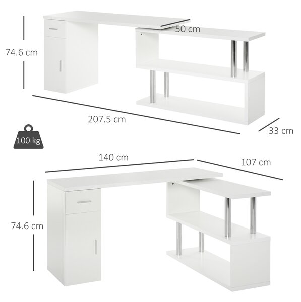 HOMCOM Scrivania Angolare Moderna in Legno con Cassetto, Scrivania ad Angolo con Armadietto e Mensole, Scrivania PC per Ufficio e Casa, Bianco