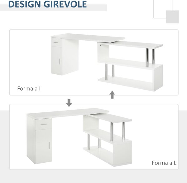 HOMCOM Scrivania Angolare Moderna in Legno con Cassetto, Scrivania ad Angolo con Armadietto e Mensole, Scrivania PC per Ufficio e Casa, Bianco