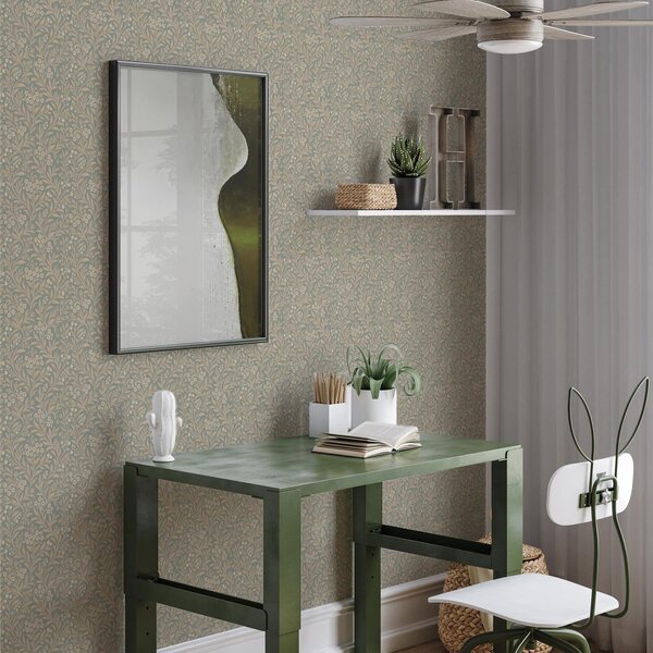 Carta da parati Stile Morris: rami beige su sfondo grigio-verde, Parati fiori e piante classici, a00569 : Uwalls.it