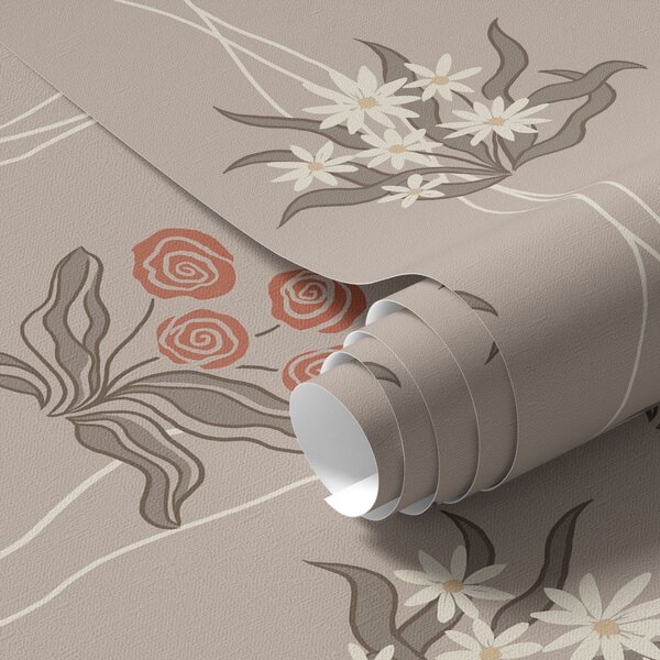 Carta da parati Fiori retrò con linee ondulate su beige caldo, Parati fiori e piante classici, a00503 : Uwalls.it