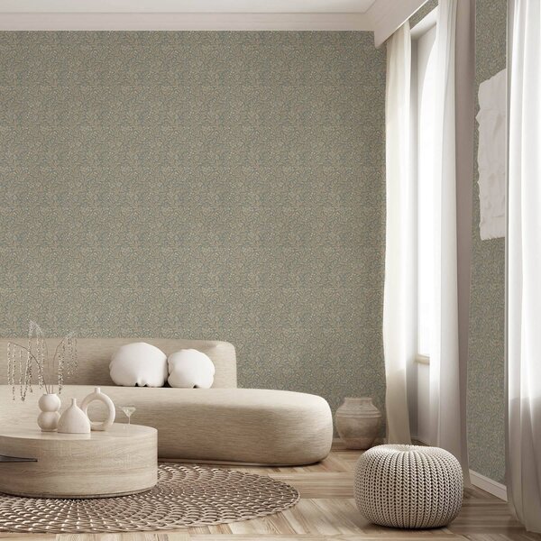 Carta da parati Stile Morris: rami beige su sfondo grigio-verde, Parati fiori e piante classici, a00569 : Uwalls.it