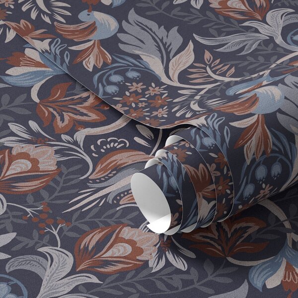 Carta da parati Fiori e uccelli folk su sfondo blu scuro, Parati fiori e piante classici, a00502 : Uwalls.it