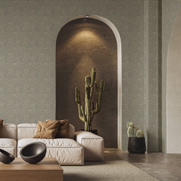Carta da parati Stile Morris: rami beige su sfondo grigio-verde, Parati fiori e piante classici, a00569 : Uwalls.it