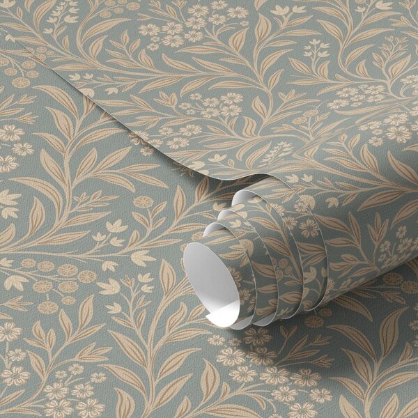 Carta da parati Stile Morris: rami beige su sfondo grigio-verde, Parati fiori e piante classici, a00569 : Uwalls.it