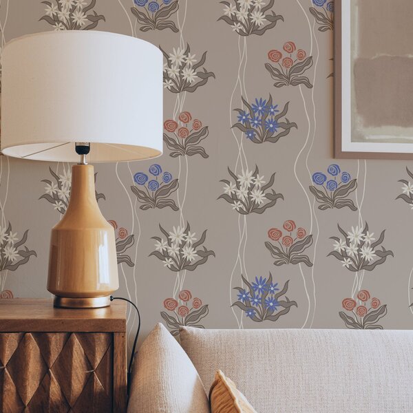 Carta da parati Fiori retrò con linee ondulate su beige caldo, Parati fiori e piante classici, a00503 : Uwalls.it