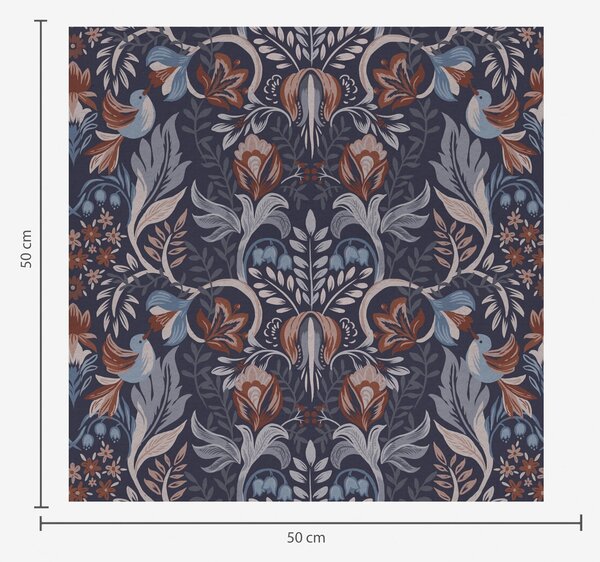 Carta da parati Fiori e uccelli folk su sfondo blu scuro, Parati fiori e piante classici, a00502 : Uwalls.it