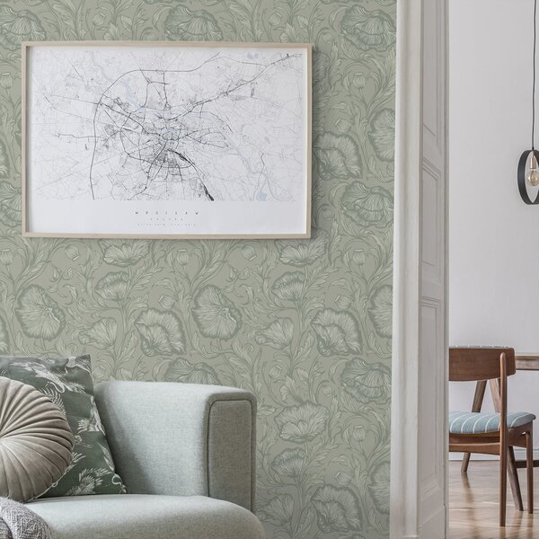 Carta da parati Papaveri disegnati su sfondo grigio-verde, Parati fiori e piante classici, a00572v1 : Uwalls.it
