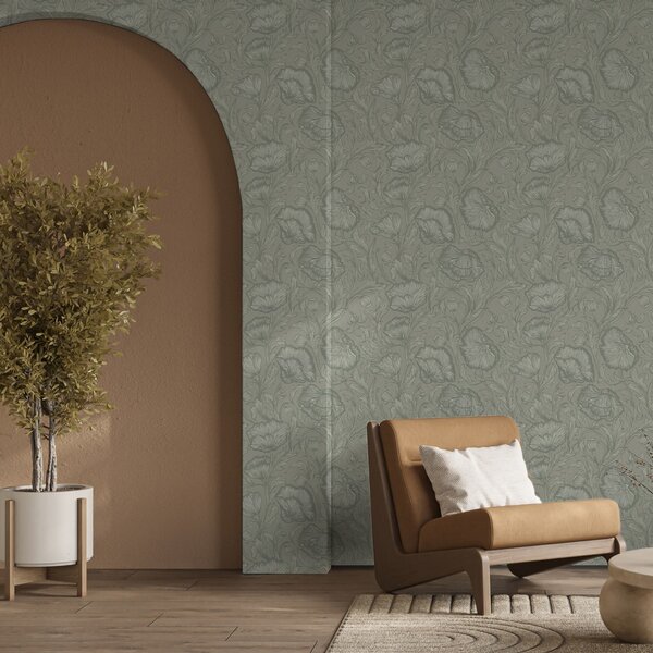 Carta da parati Papaveri disegnati su sfondo grigio-verde, Parati fiori e piante classici, a00572v1 : Uwalls.it