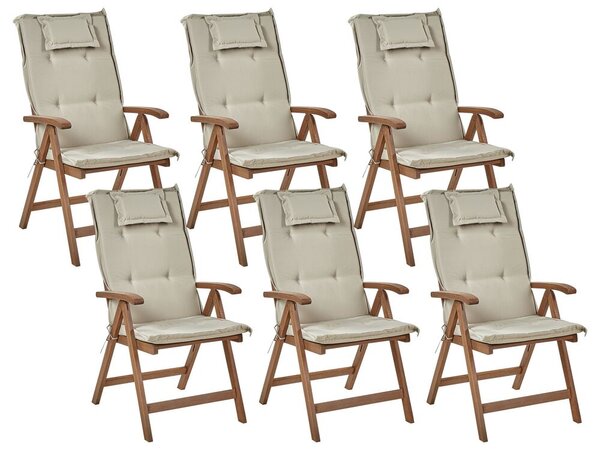 Set di 6 sedie da giardino in legno di acacia scuro naturale regolabili e pieghevoli per esterni con braccioli in stile rustico con cuscini grigio talpa Beliani