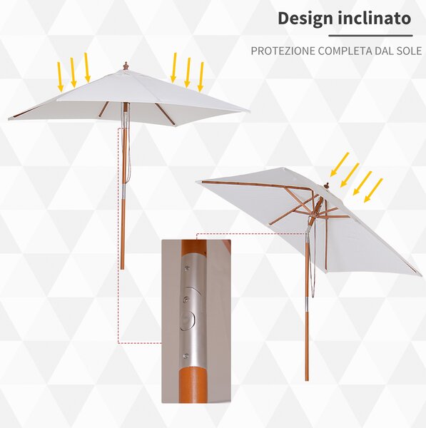Outsunny Ombrellone da Giardino 2x1.5m Inclinabile con 6 Stecche, Apertura con Corda e Palo Centrale in Legno di Abete, Beige | Aosom