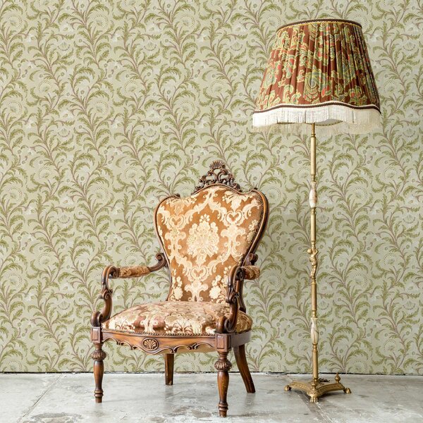 Carta da parati Ornamento vintage con volute e fiori, beige e oliva, Parati fiori e piante classici, a00574 : Uwalls.it