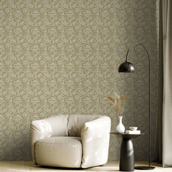 Carta da parati Ornamento vintage con volute e fiori, beige e oliva, Parati fiori e piante classici, a00574 : Uwalls.it
