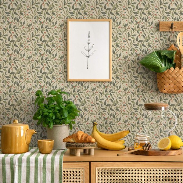 Carta da parati Rami di ulivo con bacche su uno sfondo chiaro e caldo, Parati fiori e piante classici, a00573 : Uwalls.it
