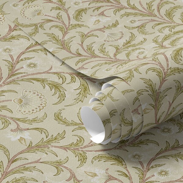 Carta da parati Ornamento vintage con volute e fiori, beige e oliva, Parati fiori e piante classici, a00574 : Uwalls.it