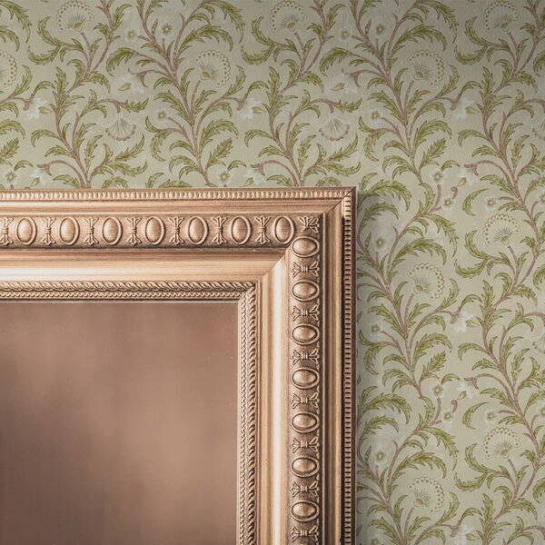 Carta da parati Ornamento vintage con volute e fiori, beige e oliva, Parati fiori e piante classici, a00574 : Uwalls.it