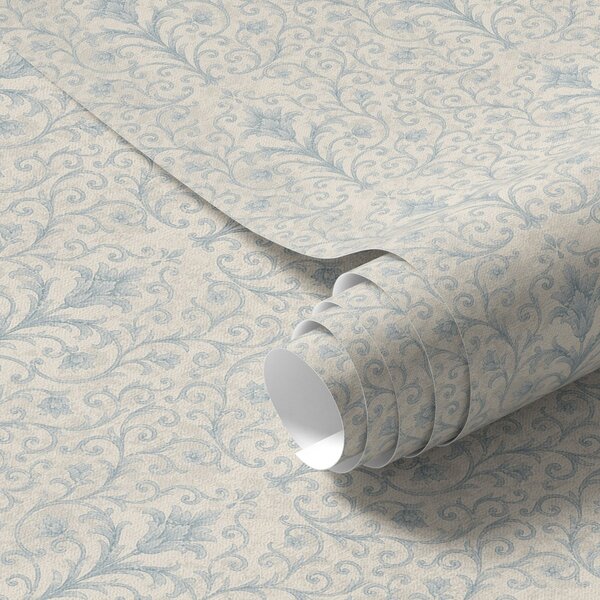 Carta da parati Damasco blu con volute su sfondo color crema, Parati stile orientale classici, a00578 : Uwalls.it