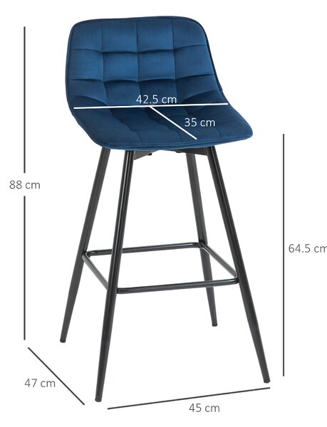 HOMCOM Set 2 Sgabelli da Bar Sedie Imbottite per Salotto Stile Nordico, Rivestimento Velluto e Poggiapiedi, Blu, 45x47x88cm|Aosom