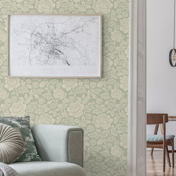 Carta da parati Grandi peonie disegnate su sfondo color salvia, Parati fiori e piante classici, a00582 : Uwalls.it