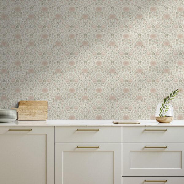 Carta da parati Stile Morris: peonie ed erbe in delicati toni di beige e verde, Parati fiori e piante classici, a00581 : Uwalls.it